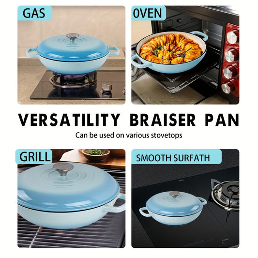 1pc 3qt Cast Iron Enameled Braiser Pan, 11 Inch, No Coating, Versatile For Gas, Oven & Grill, Smooth Surface, Multi-Use Pot For Various Stovetops