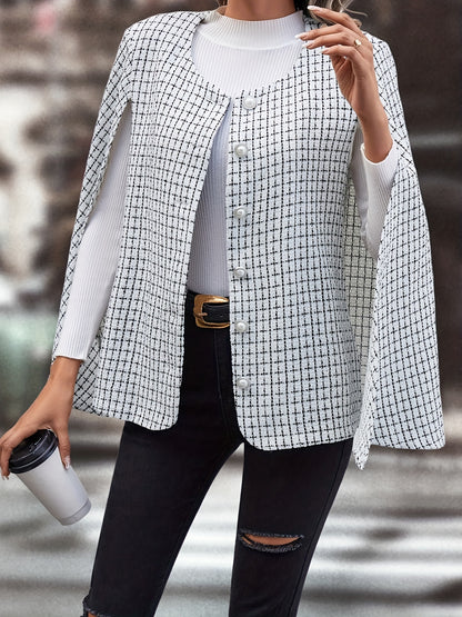 gbolsos  Plaid Beaded Button Cloak Sleeve Blazer, Elegant Crew Neck Outwear For Work & Office, Women's Clothing