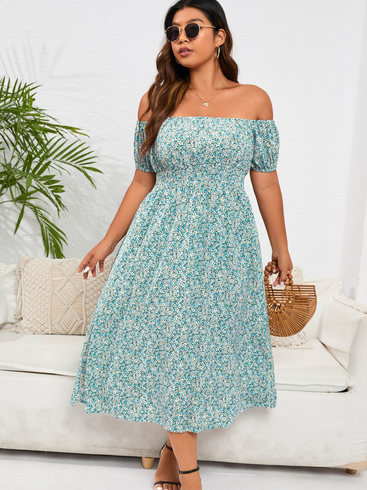 gbolsos  Plus Size Elegant Dress, Women's Plus Ditsy Floral Print Off Shoulder Shirred Nipped Waist Dress