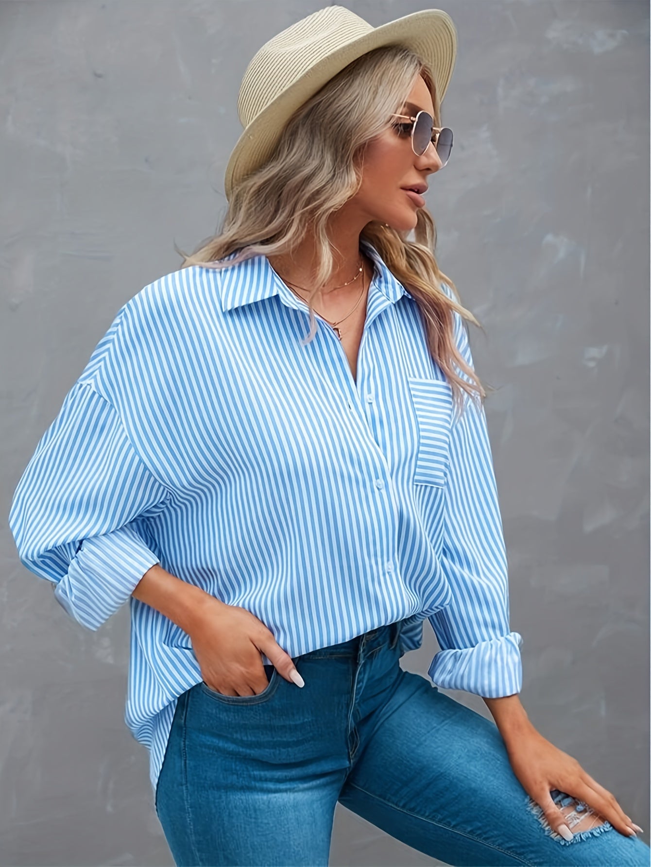 gbolsos  Striped Drop Shoulder Shirt, Versatile Patched Pockets Shirt For Spring & Fall, Women's Clothing