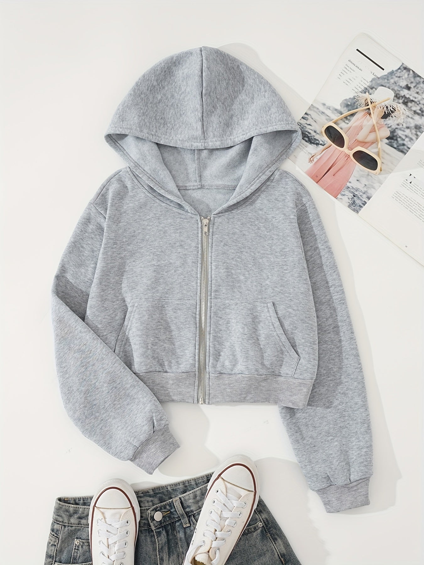 Zip Up Crop Hoodies, Long Sleeve Sports Casual Sweatshirt, Women's Clothing