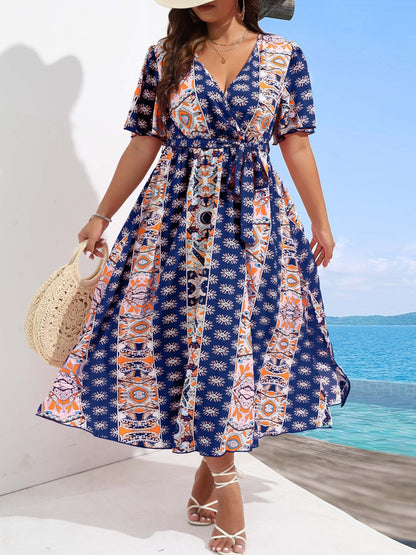 gbolsos  Plus Size Boho Dress, Women's Plus Random Print Flutter Sleeve Surplice Neck Maxi Dress With Belt