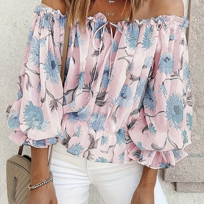 gbolsos  Off Shoulder Floral Print Blouse, Casual Ruffle Trim Blouse, Women's Clothing