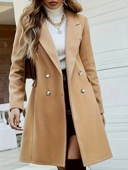 Plus Size Elegant Coat, Women's Plus Solid Long Sleeve Double Breast Button Lapel Collar Longline Coat