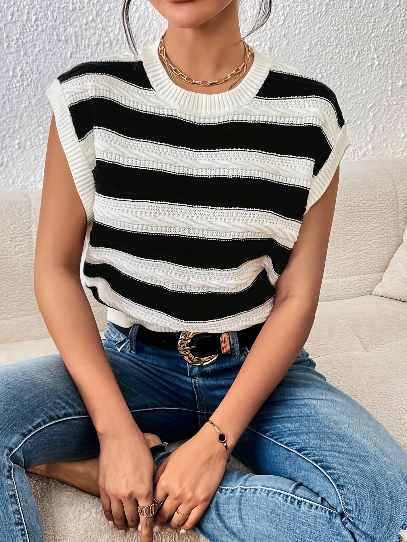 gbolsos  Striped Crew Neck Sweater Vest, Casual Sleeveless Vest For Spring & Fall, Women's Clothing