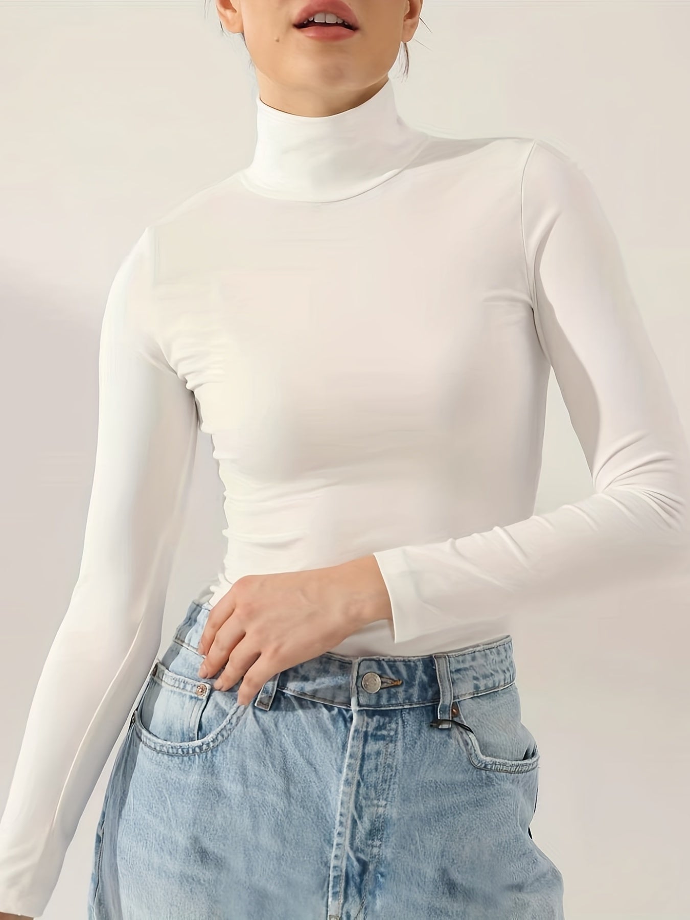 kkboxly  Long Sleeve Turtleneck Slim T-shirt, Casual Solid Color T-shirt For Spring & Fall, Women's Clothing