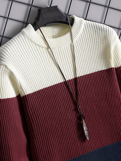 Stylish Men's Color Block Knit Sweater with Comfortable Crew Neck