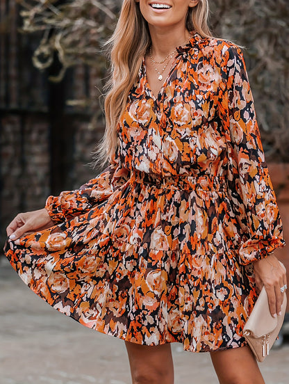 gbolsos  Floral Print V Neck Dress, Casual Long Sleeve Dress, Women's Clothing