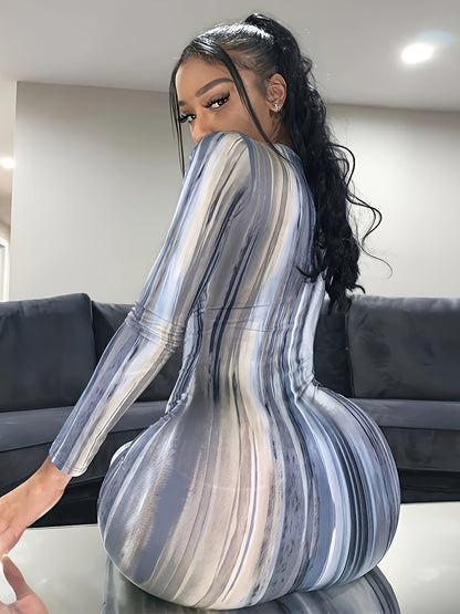 Striped Bodycon Maxi Dress, Party Wear Plunging Long Sleeve Dress, Women's Clothing