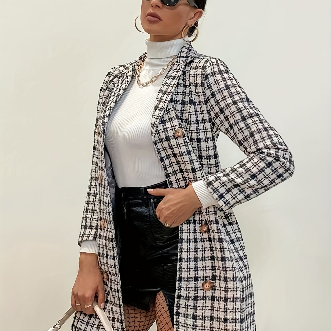 Houndstooth Print Double Breasted Coat, Elegant Long Sleeve Lapel Blazer, Women's Clothing