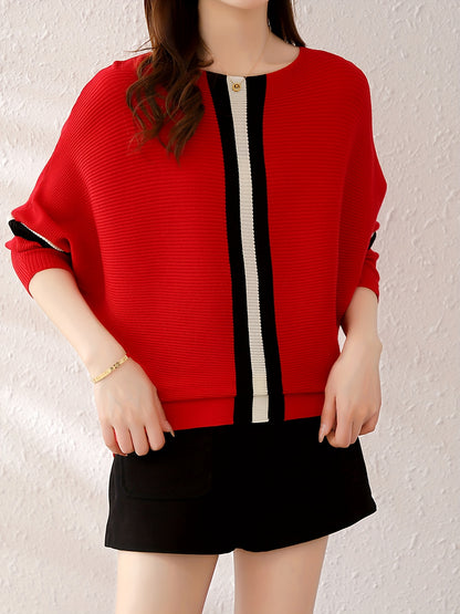 Color Block Boat Neck Knit Sweater, Elegant Long Sleeve Sweater, Women's Clothing