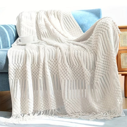 1pc Cozy Solid Color Knitted Throw Blanket - Premium Plush, Snugly Warm, Stylish Tassels - Perfect for Living Room, Bedroom & Camping - All-Season Versatility