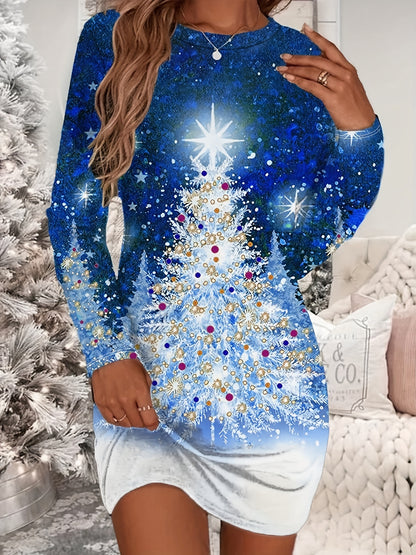 gbolsos Christmas Tree Print Crew Neck T-shirt, Casual Long Sleeve Top For Spring & Fall, Women's Clothing