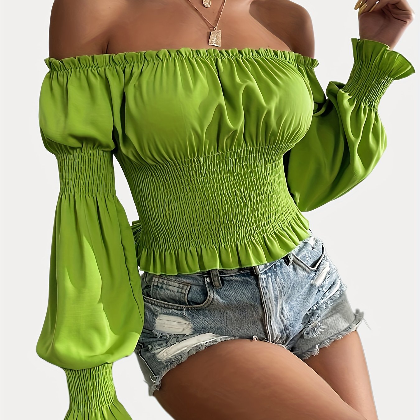 gbolsos  Lettuce Trim Off Shoulder Blouse, Sexy Solid Puff Sleeve Shirred Blouse, Women's Clothing