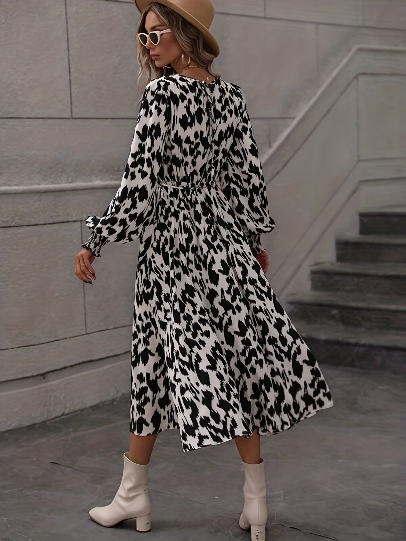 gbolsos  Leopard Print Midi Dress, Elegant Crew Neck Long Sleeve Dress, Women's Clothing