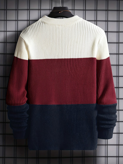 Stylish Men's Color Block Knit Sweater with Comfortable Crew Neck