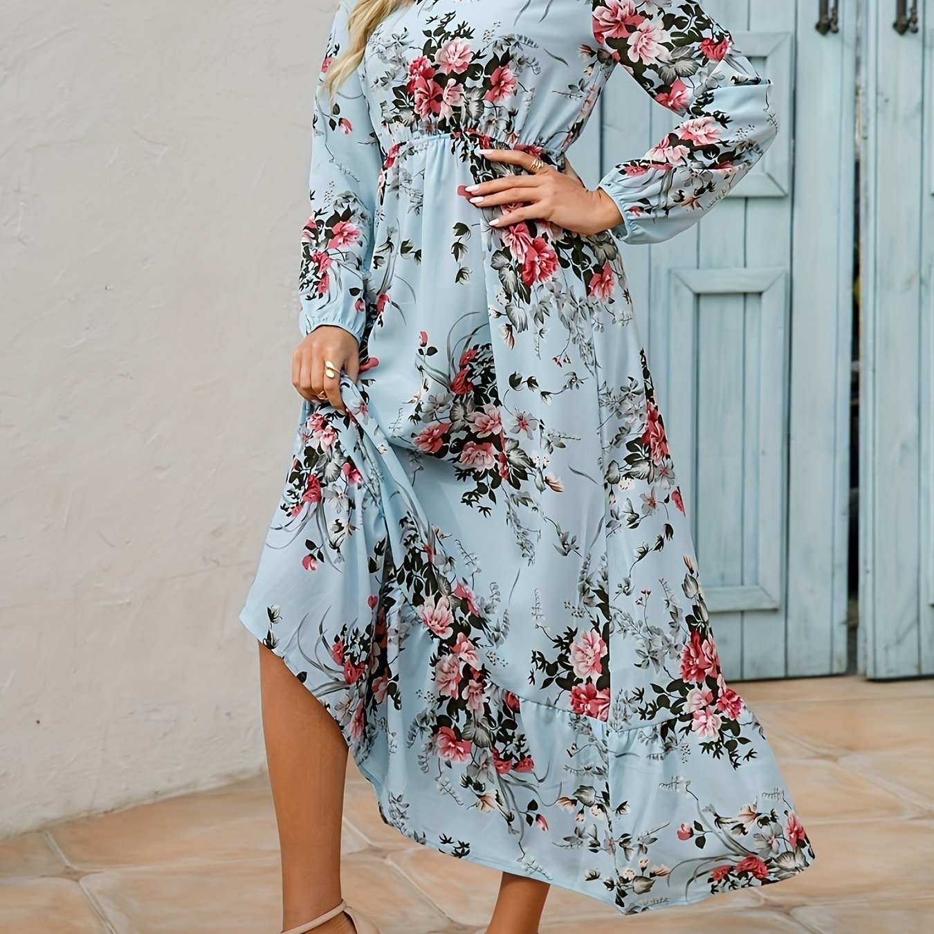 gbolsos  Floral Print Long Sleeve Tiered Dress, Crew Neck Vacation Casual Dress, Women's Clothing