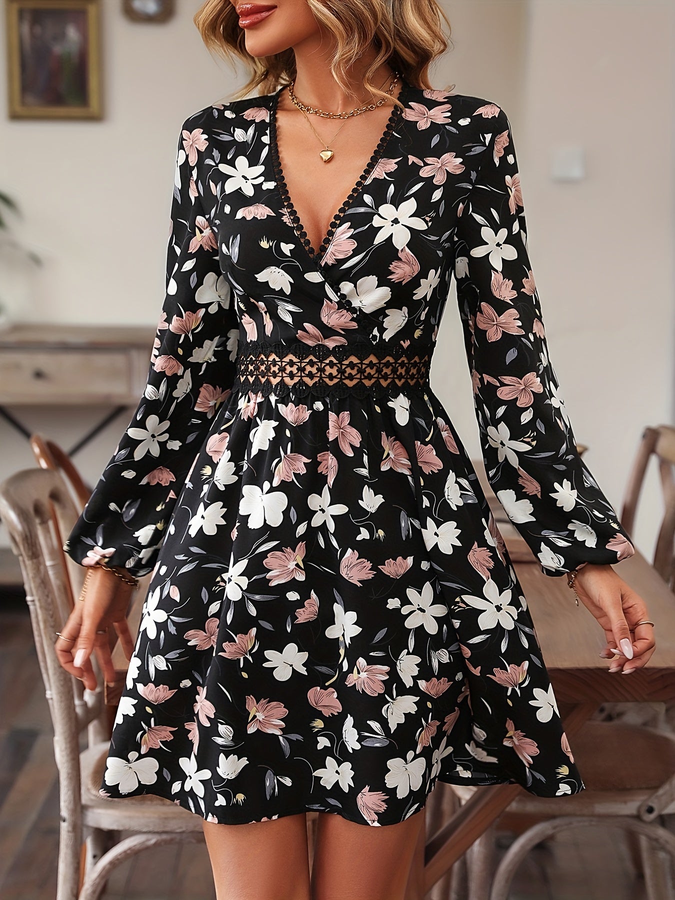 gbolsos  Floral Print Surplice Neck Dress, Elegant Long Sleeve A Line Dress, Women's Clothing