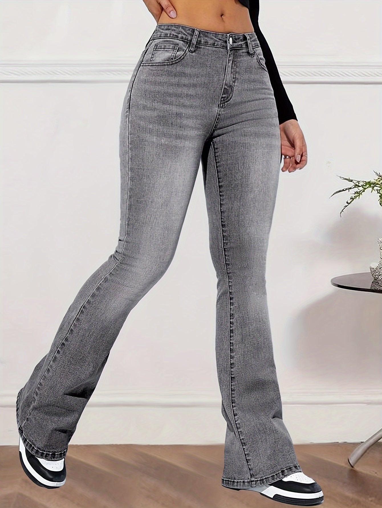 High Waist Stretchy Bootcut Jeans, Comfortable Slant Pocket Slimming Retro Denim Pants, Women's Denim Jeans & Clothing