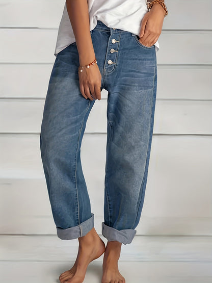 Rolled Hem Single-breasted Closure Denim Pants, Straight Legs Loose Fit Casual Denim Jeans, Women's Denim Jeans & Clothing