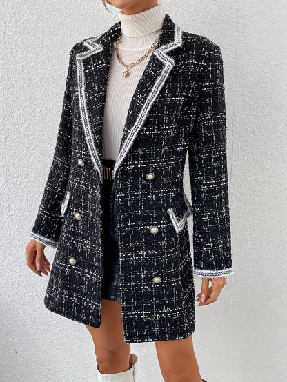 Contrast Trim Double Breasted Blazer, Elegant Lapel Long Sleeve Outerwear, Women's Clothing