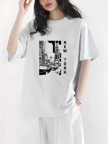 gbolsos  City View & New York Letter Print Crew Neck Casual T-Shirt, Solid Color Short Sleeve Fashion Pullover Top, Women's Clothing