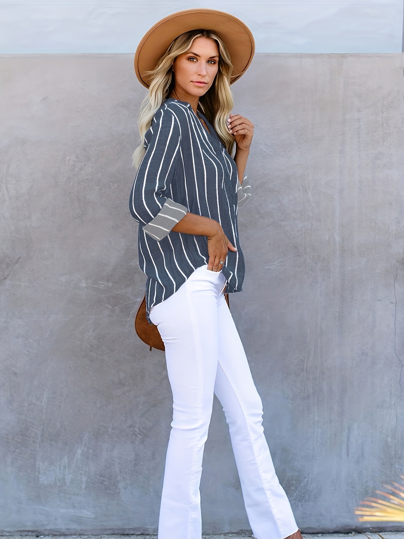 gbolsos  Striped Half Button Blouse, Casual Long Sleeve Blouse For Spring & Fall, Women's Clothing