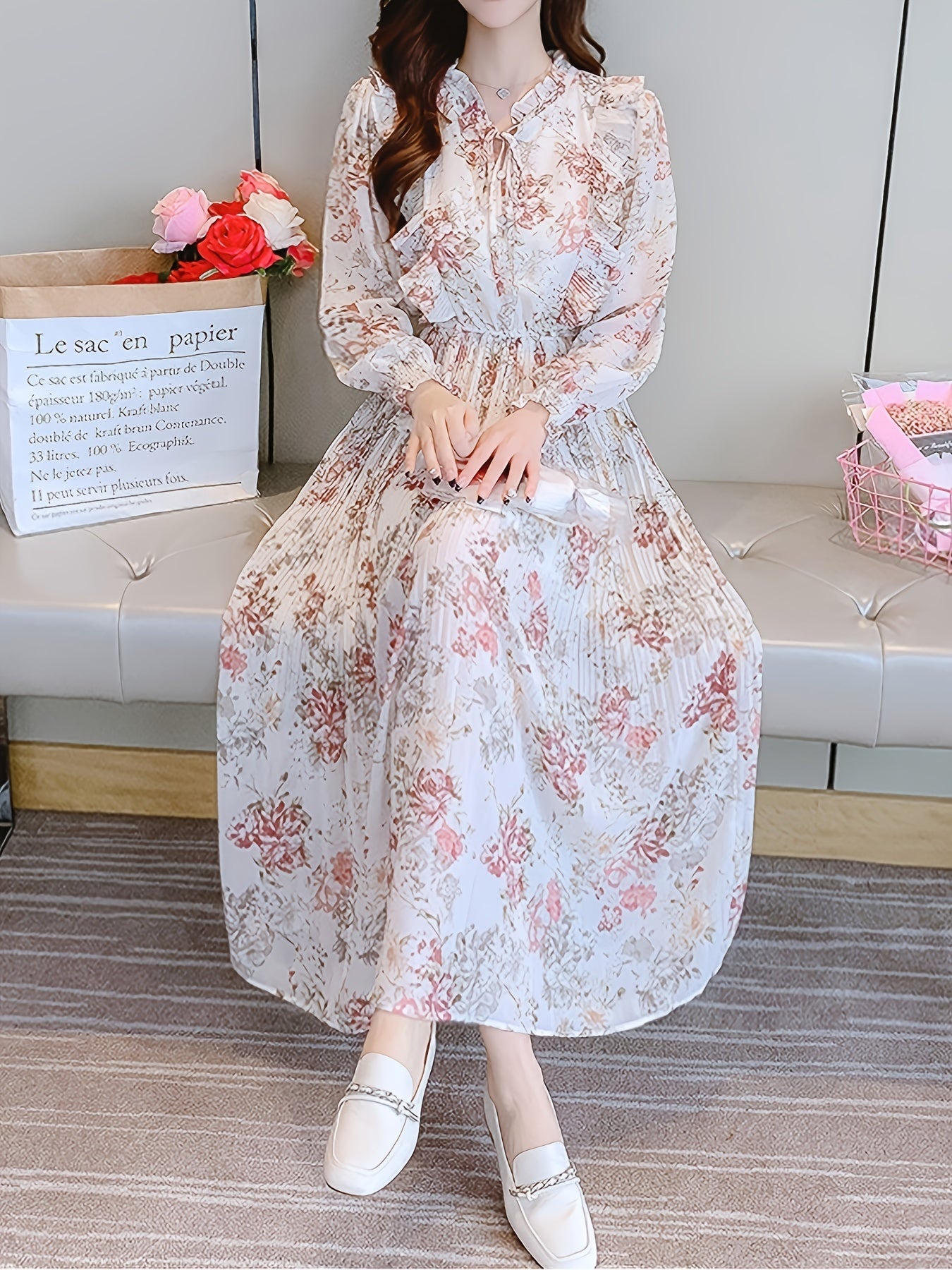 gbolsos  Floral Print Bow Tie Long Sleeve Ruffled Dress, Elegant Tunic High Waist Maxi Dress, Women's Clothing