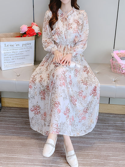 gbolsos  Floral Print Bow Tie Long Sleeve Ruffled Dress, Elegant Tunic High Waist Maxi Dress, Women's Clothing