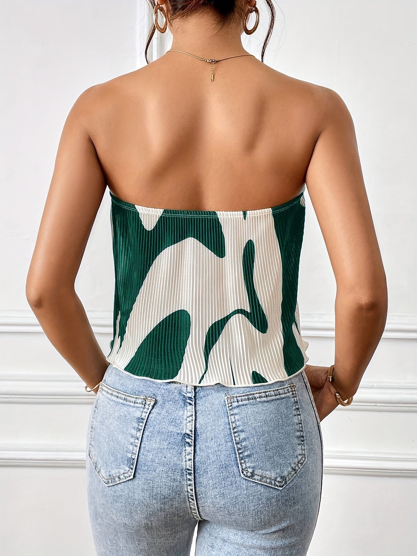 gbolsos  Abstract Print Pleated Tube Top, Sexy Off Shoulder Lettuce Trim Tube Top, Women's Clothing