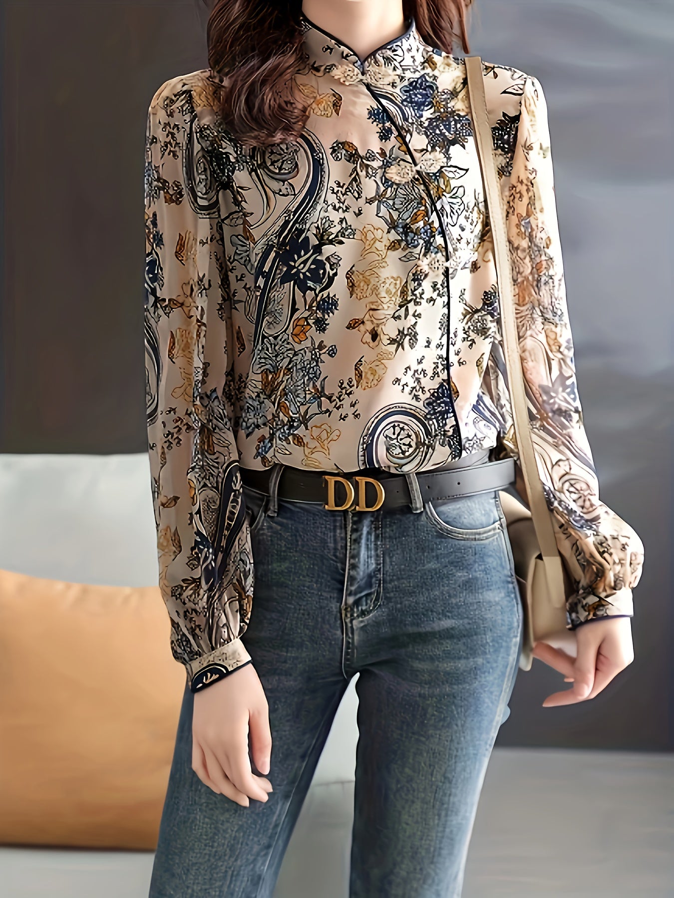 Frog Button Floral Print Top, Chinese Vintage Long Sleeve Mandarin Collar Top, Women's Clothing