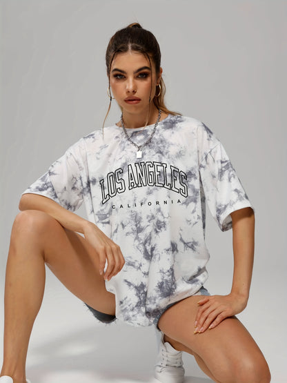 gbolsos  Tie Dye & Letter Graphic Tee, Casual Loose Crew Neck T-shirts, Women's Clothing