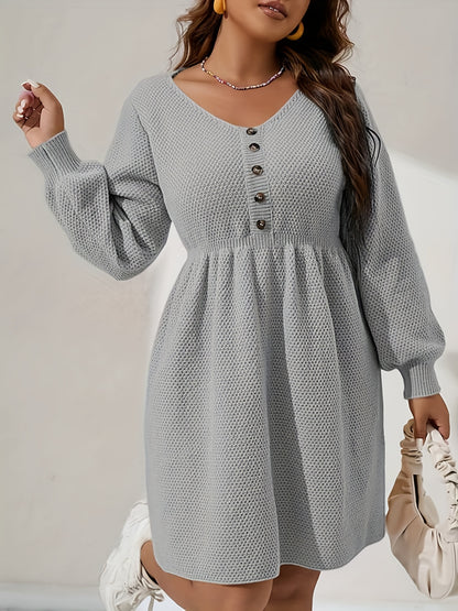 Plus Size Casual Sweater Dress, Women's Plus Solid Lantern Sleeve Nipped Waist Henley Sweater Dress