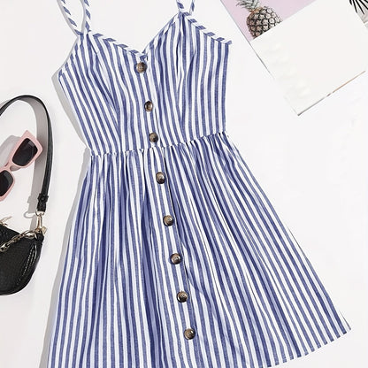 Striped Print Spaghetti Strap Dress, Casual V Neck Button Front Slim Waist Dress, Women's Clothing