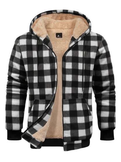 gbolsos  Warm Thick Fleece Plaid Jacket, Men's Casual Elegant Hooded Coat For Fall Winter