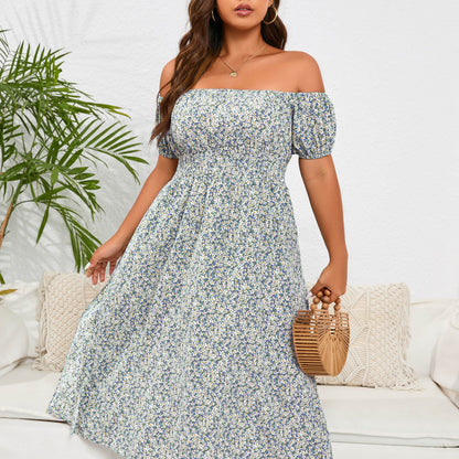 gbolsos  Plus Size Elegant Dress, Women's Plus Ditsy Floral Print Off Shoulder Shirred Nipped Waist Dress