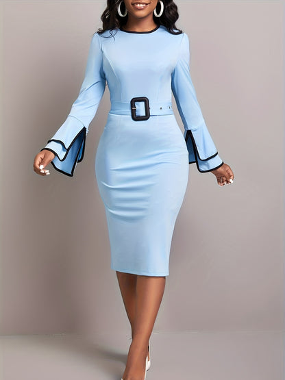 Contrast Trim Bodycon Dress, Elegant Crew Neck Long Sleeve Work Office Dress, Women's Clothing