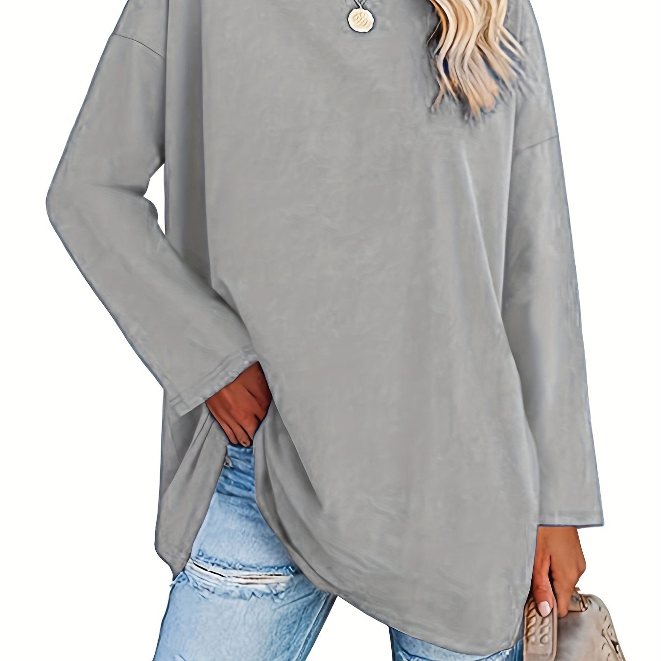 Basic Loose Solid T-Shirt, Casual Long Sleeve Crew Neck T-Shirt, Casual Every Day Tops, Women's Clothing