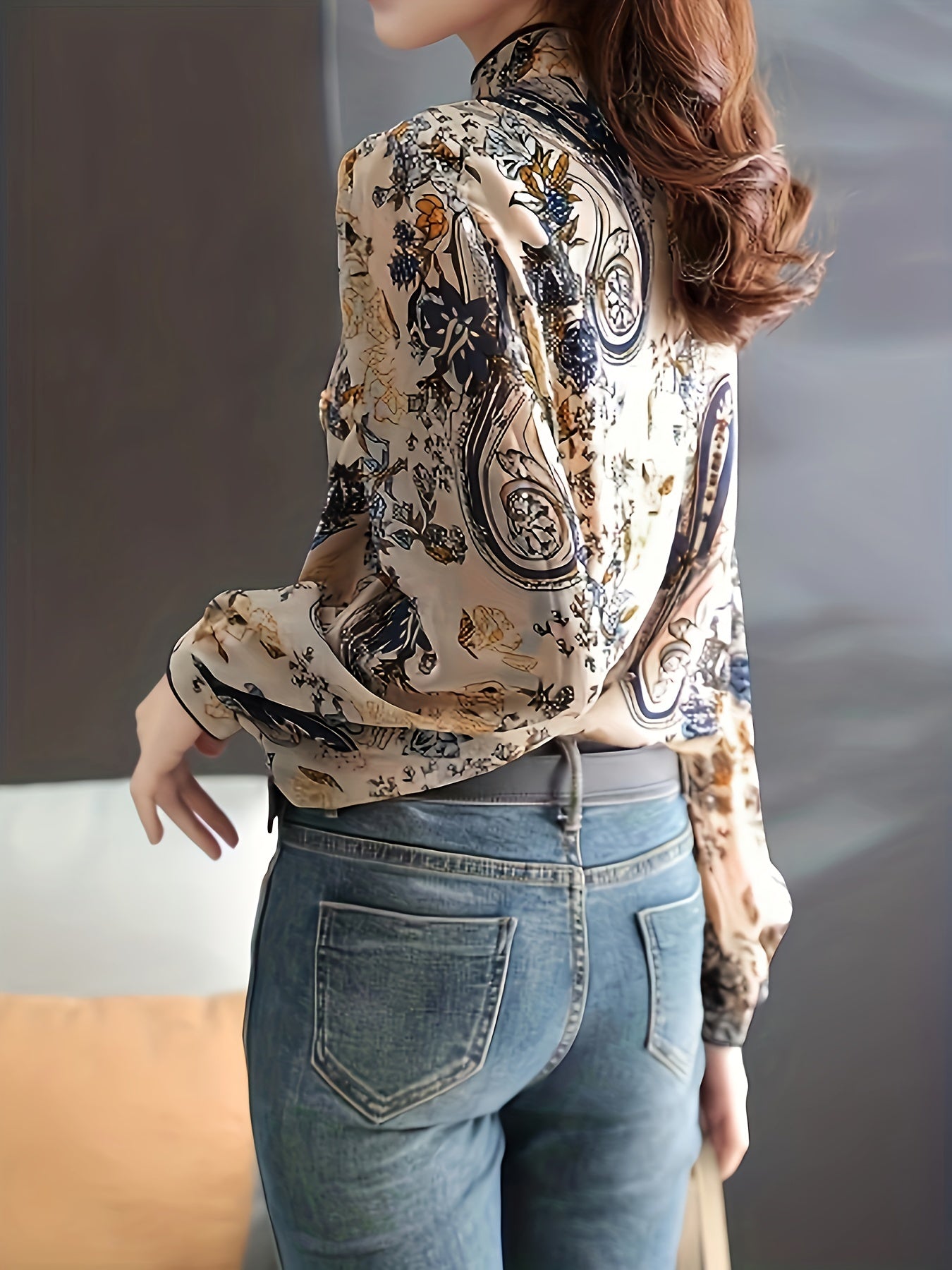 Frog Button Floral Print Top, Chinese Vintage Long Sleeve Mandarin Collar Top, Women's Clothing