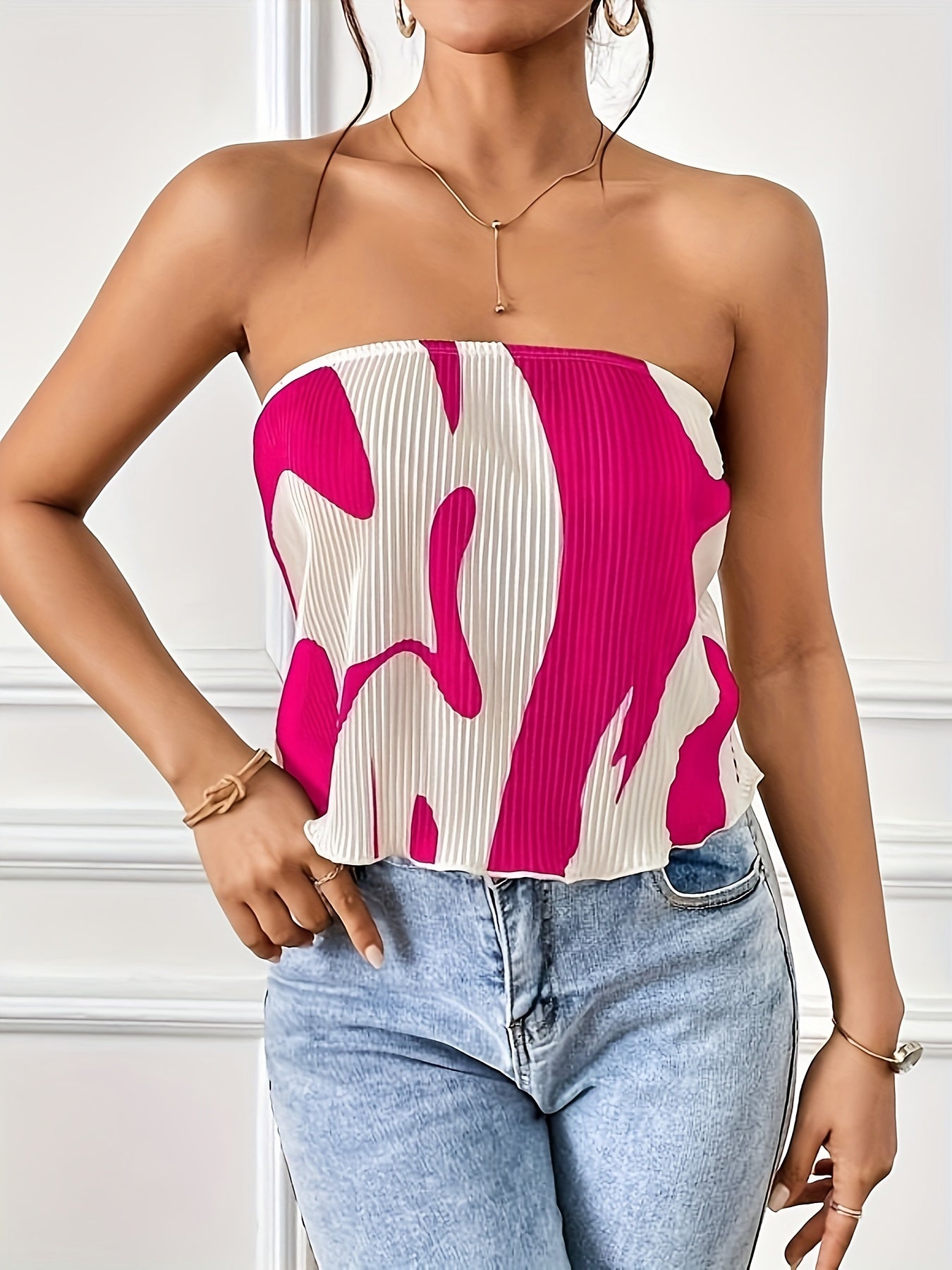 gbolsos  Abstract Print Pleated Tube Top, Sexy Off Shoulder Lettuce Trim Tube Top, Women's Clothing