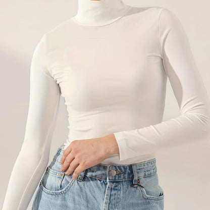 kkboxly  Long Sleeve Turtleneck Slim T-shirt, Casual Solid Color T-shirt For Spring & Fall, Women's Clothing