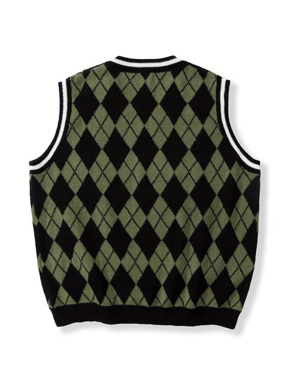 gbolsos  Men's Plus Size Argyle V-neck Sweater Vest, Sleeveless Pullover Knit Tops For Spring/autumn