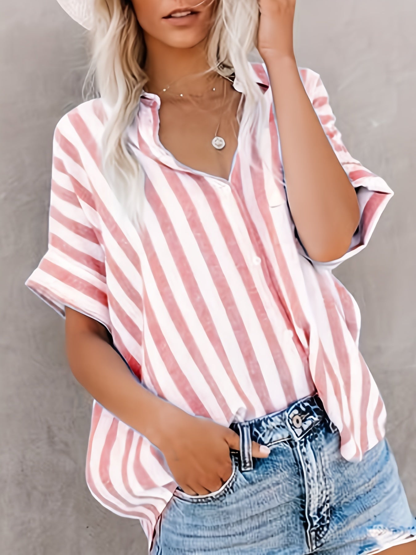 gbolsos  Button Up Striped Shirt, Loose Casual Top For Spring & Summer, Women's Clothing