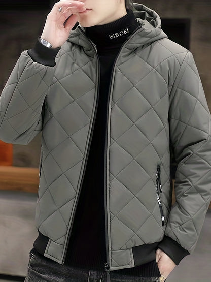 gbolsos  Warm Winter Plush Hooded Jacket, Men's Casual Zip Up Cotton Padded Jacket For Fall Winter Outdoor