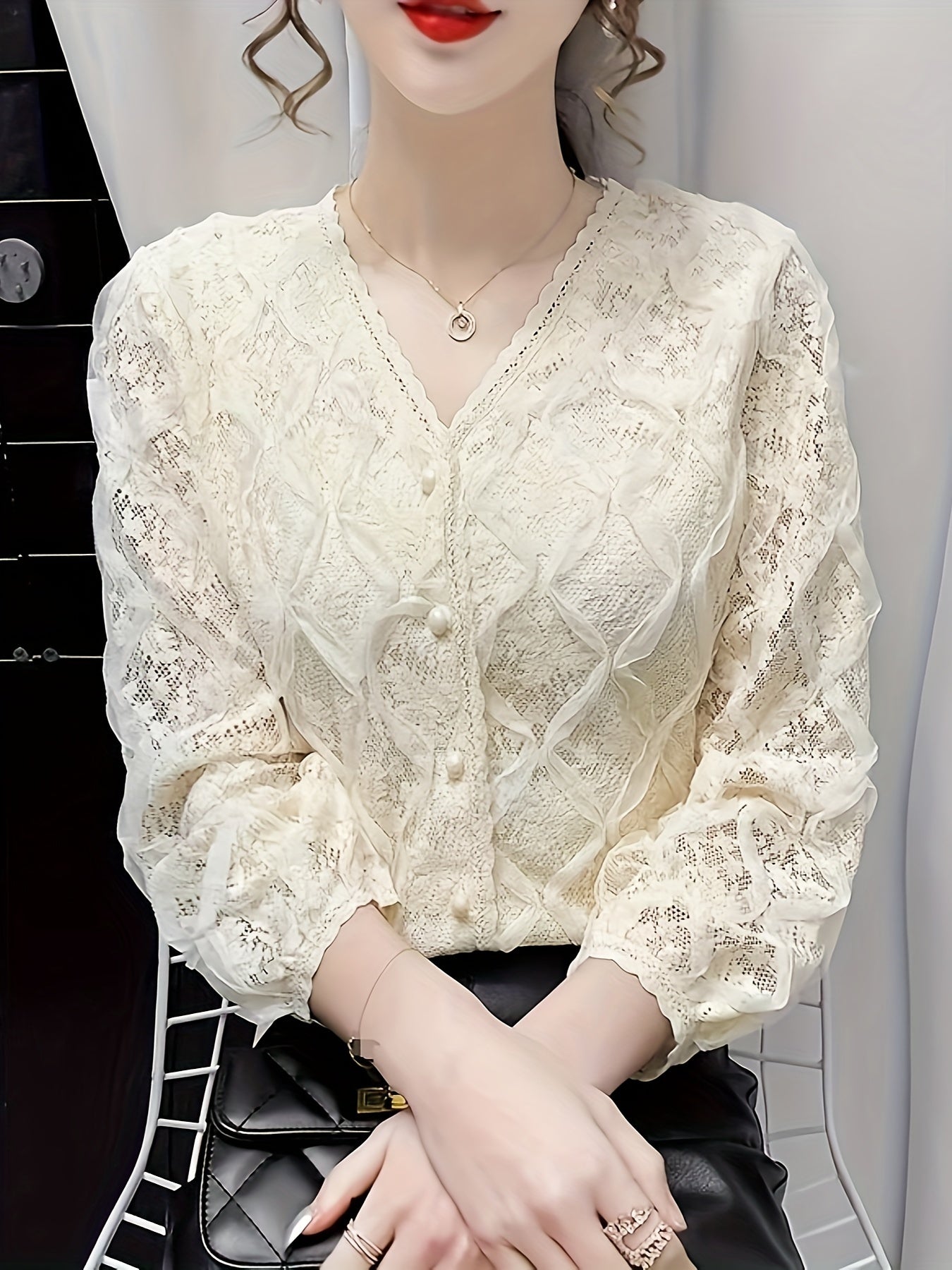 Lace V Neck Button Front Blouse, Elegant Long Sleeve Blouse For Spring & Fall, Women's Clothing