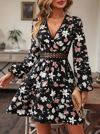 gbolsos  Floral Print Surplice Neck Dress, Elegant Long Sleeve A Line Dress, Women's Clothing