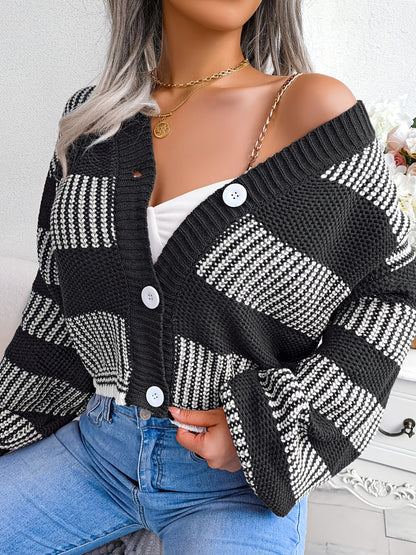 gbolsos  Chunky Knit V Neck Button Down Long Lantern Sleeve Cardigan, Casual Open Front Autumn Comfy Sweater, Women's Clothing