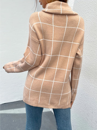 Plaid Pattern Turtleneck Knitted Pullover Top, Casual Long Sleeve Sweater For Fall & Winter, Women's Clothing