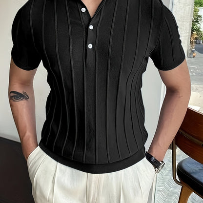 gbolsos  Vertical Striped Chic Polo Shirt, Men's Casual Solid Color High Stretch V-Neck Pullover Sweater For Summer