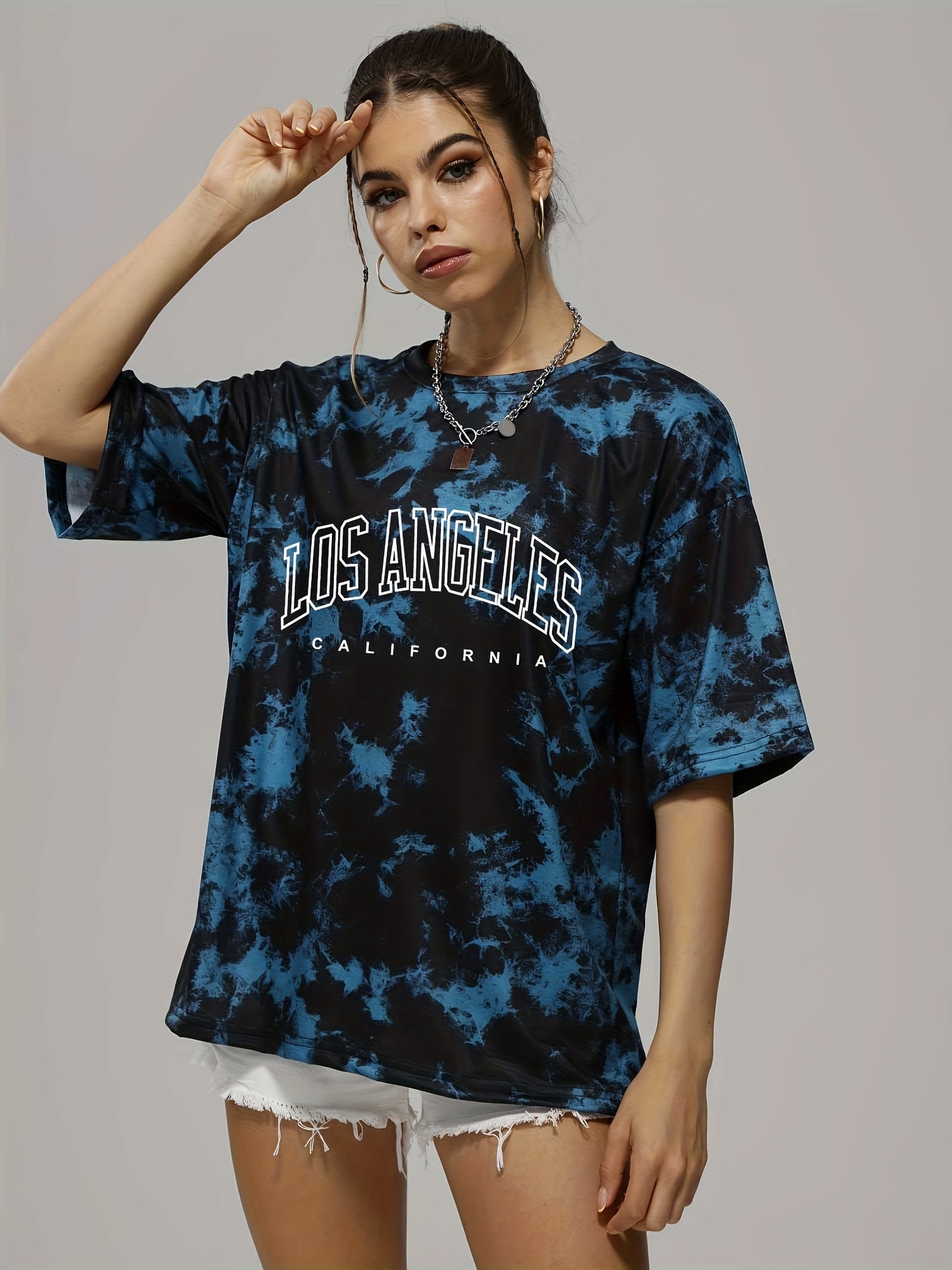 gbolsos  Tie Dye & Letter Graphic Tee, Casual Loose Crew Neck T-shirts, Women's Clothing